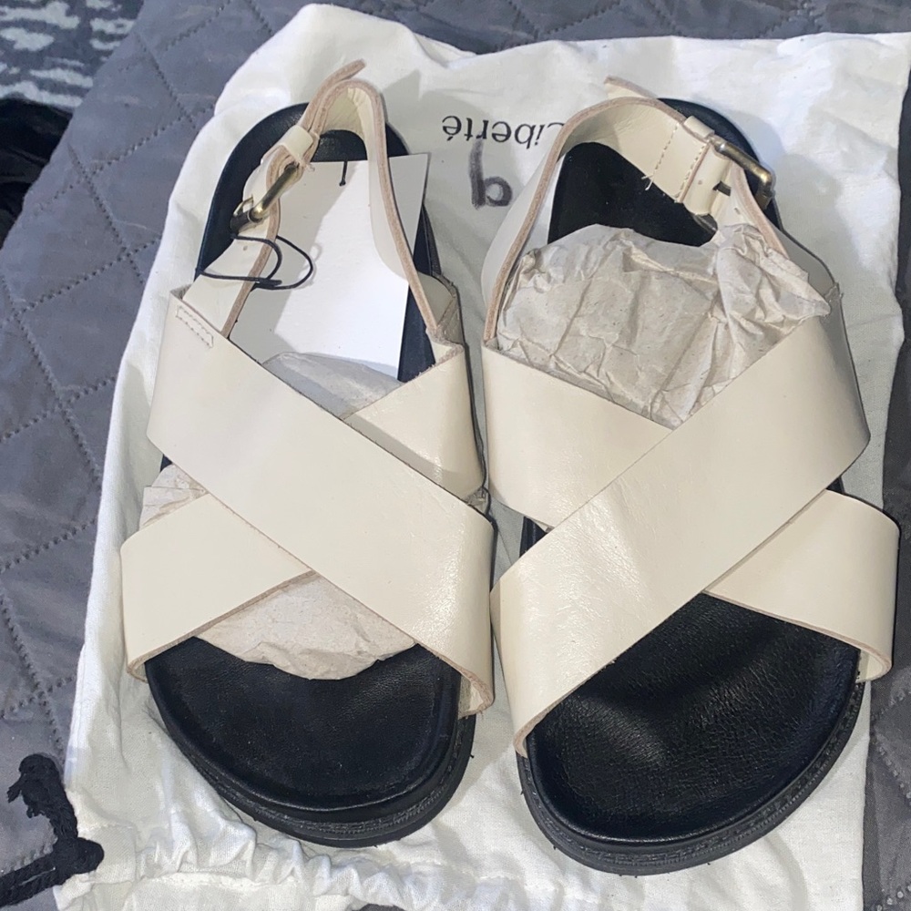 Liberte Beige and Black Cross-Strap Sandals